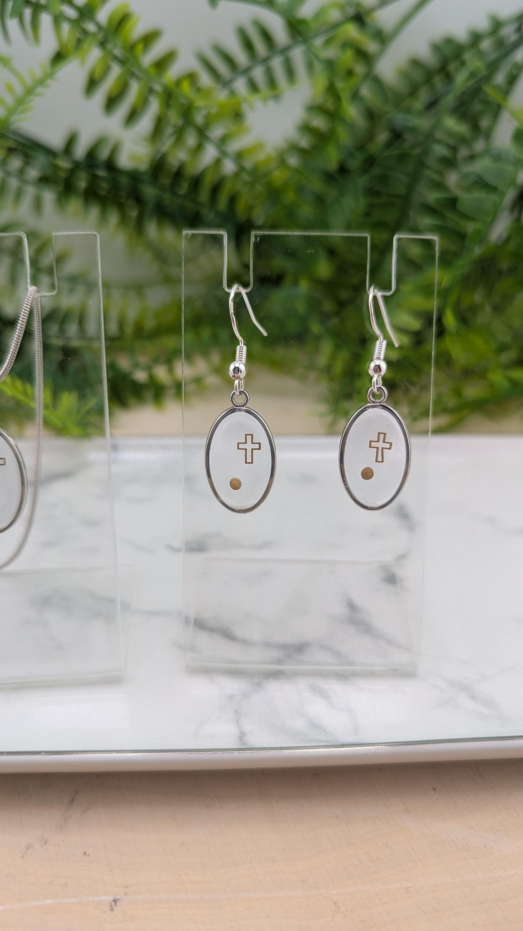Floating Mustard Seed and Cross Necklace and Earring set