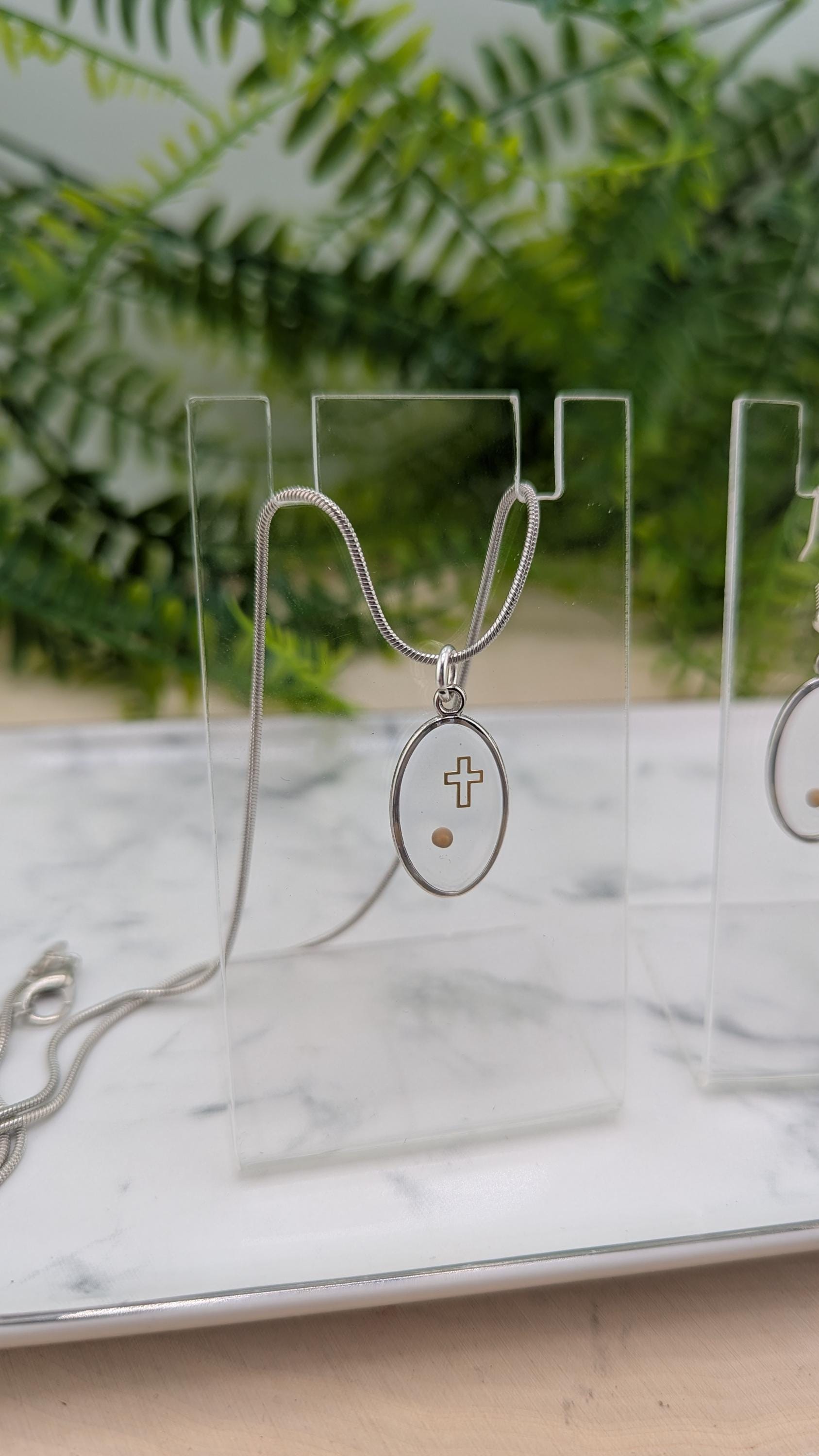 Floating Mustard Seed and Cross Necklace and Earring set