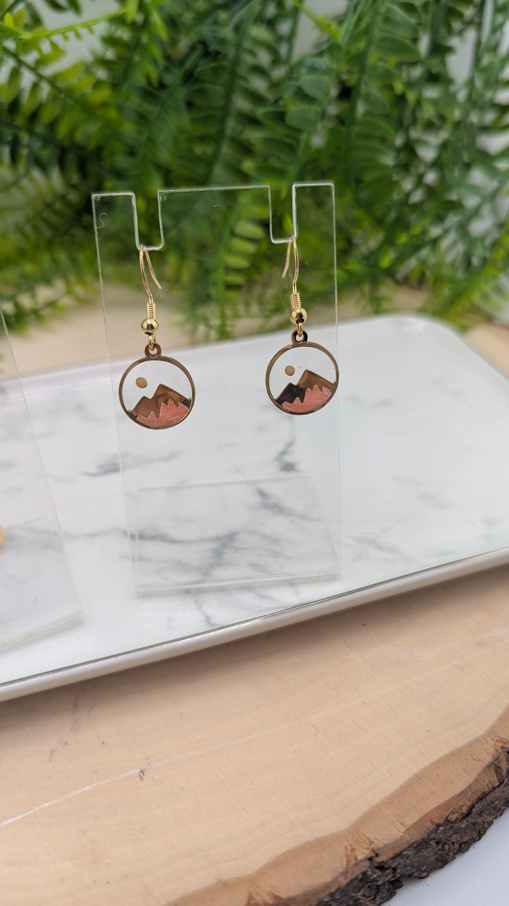 Mustard Seed Mountain Scene Necklace and Earring Set.