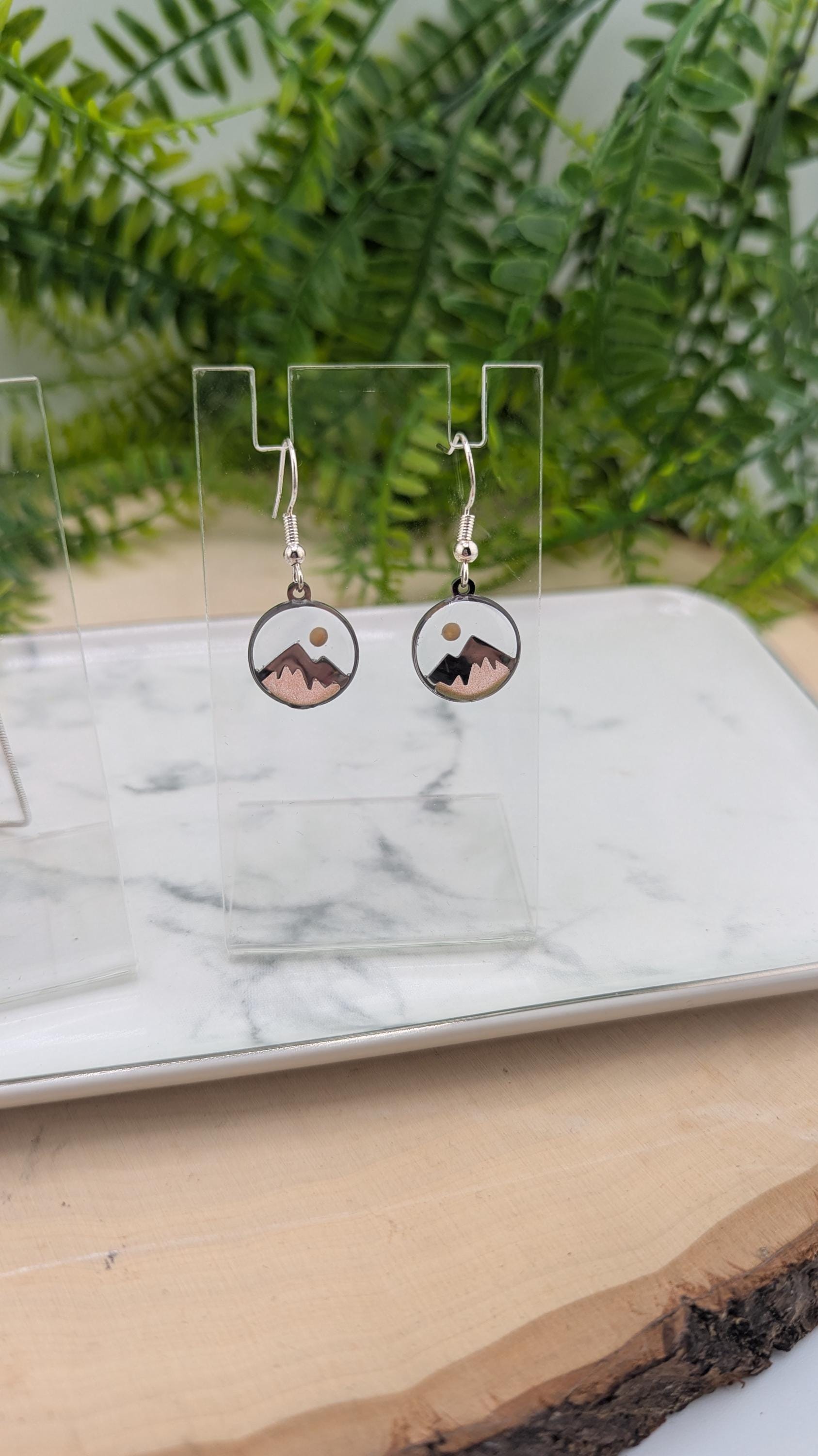 Mustard Seed Mountain Scene Necklace and Earring Set.