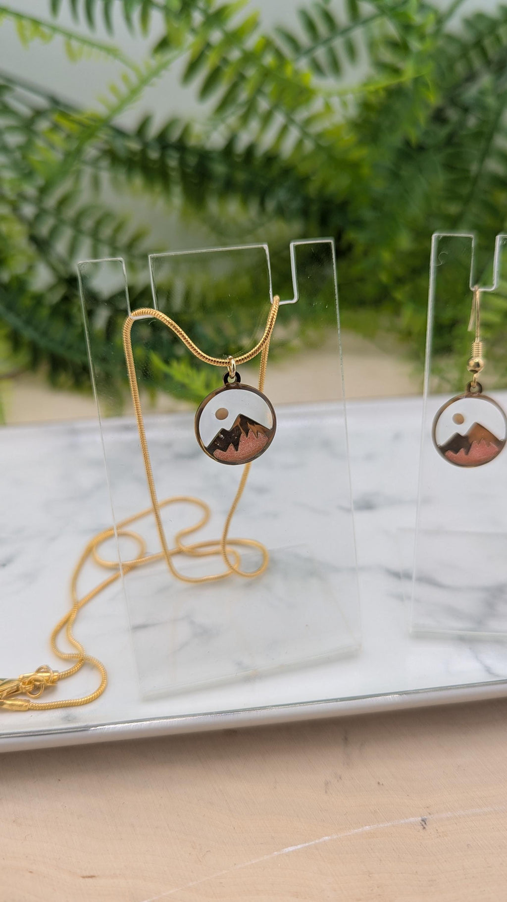 Mustard Seed Mountain Scene Necklace and Earring Set.