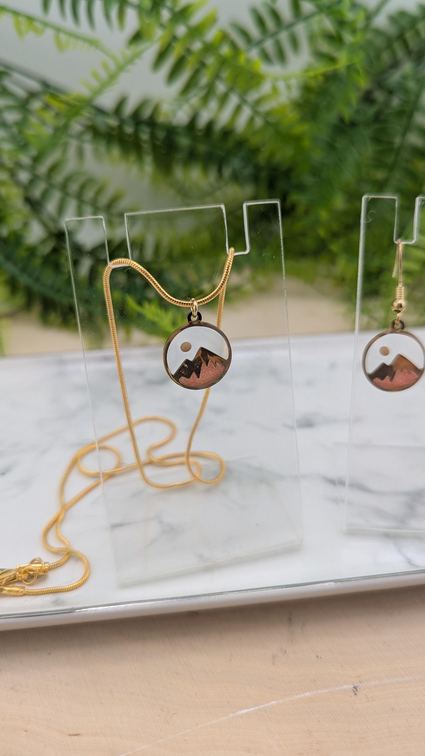 Mustard Seed Mountain Scene Necklace and Earring Set.