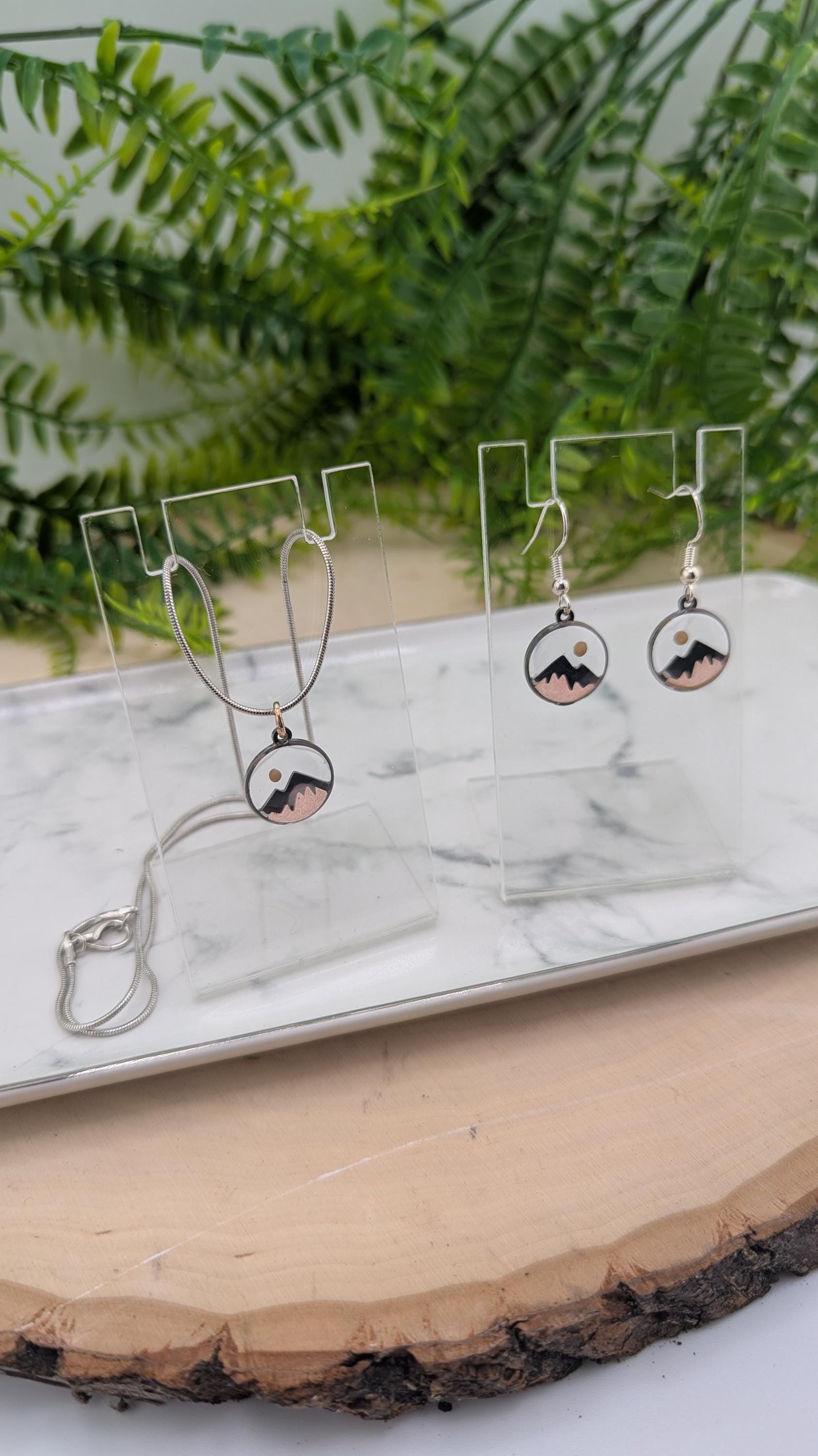 Mustard Seed Mountain Scene Necklace and Earring Set.