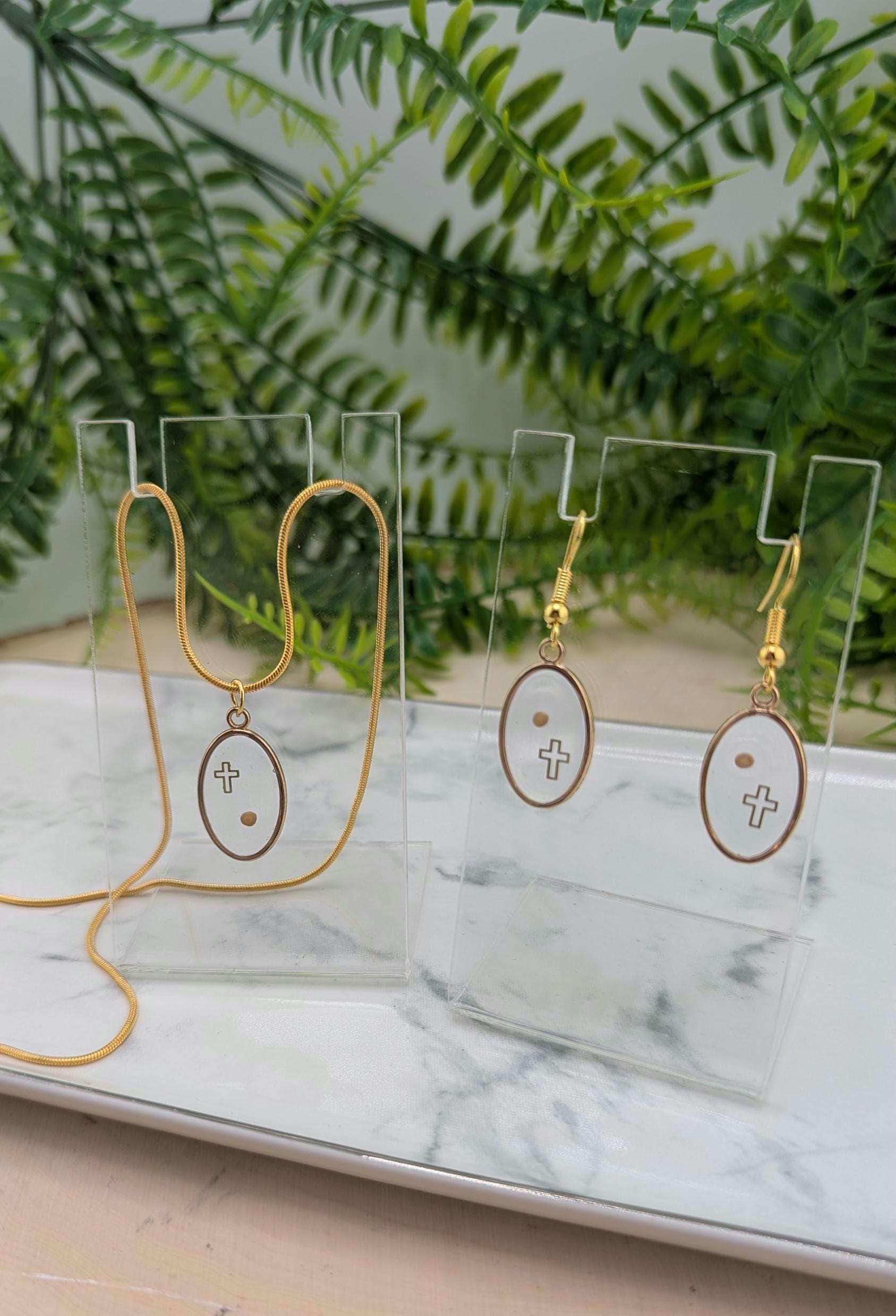 Floating Mustard Seed and Cross Necklace and Earring set