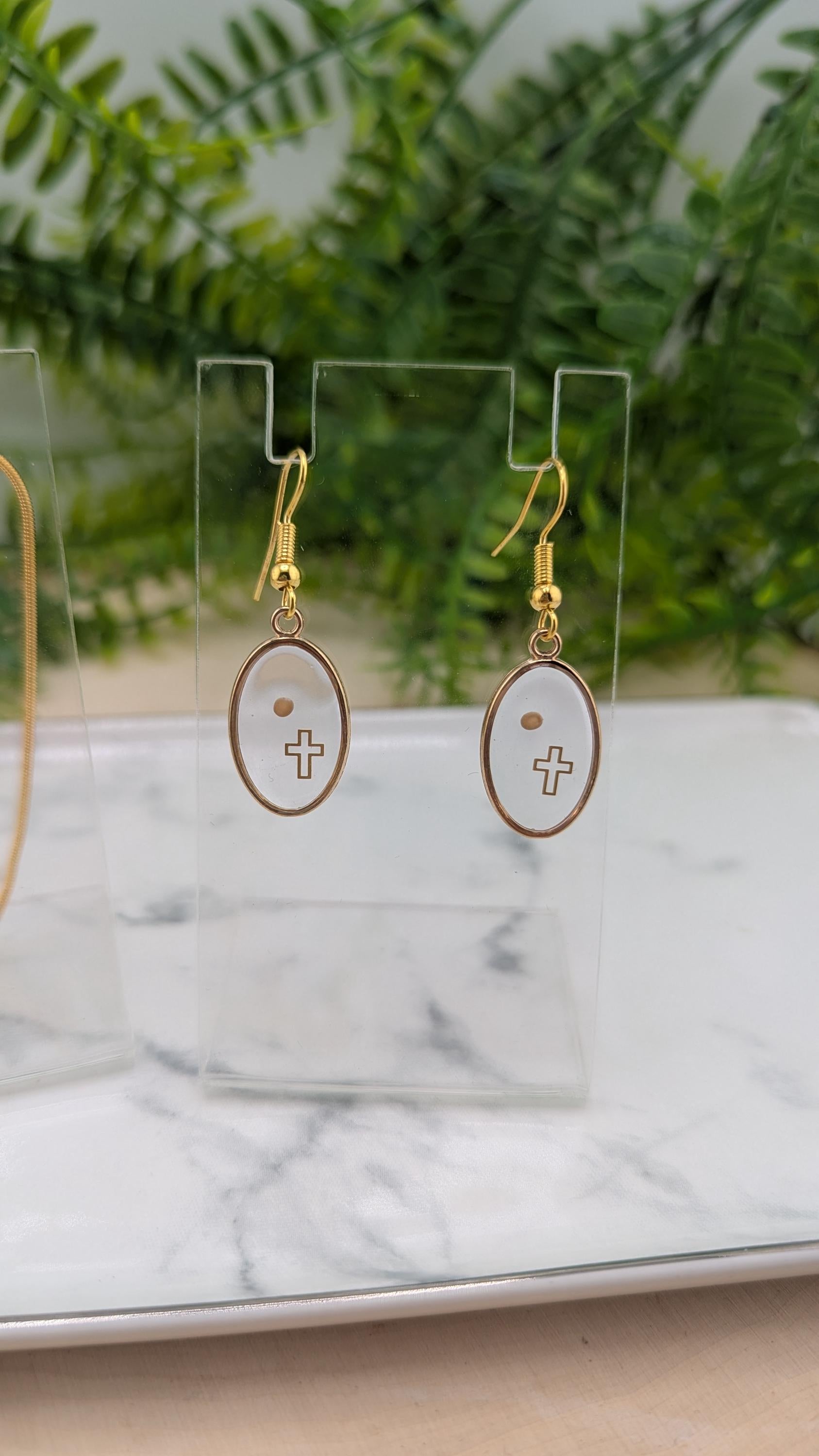 Floating Mustard Seed and Cross Necklace and Earring set