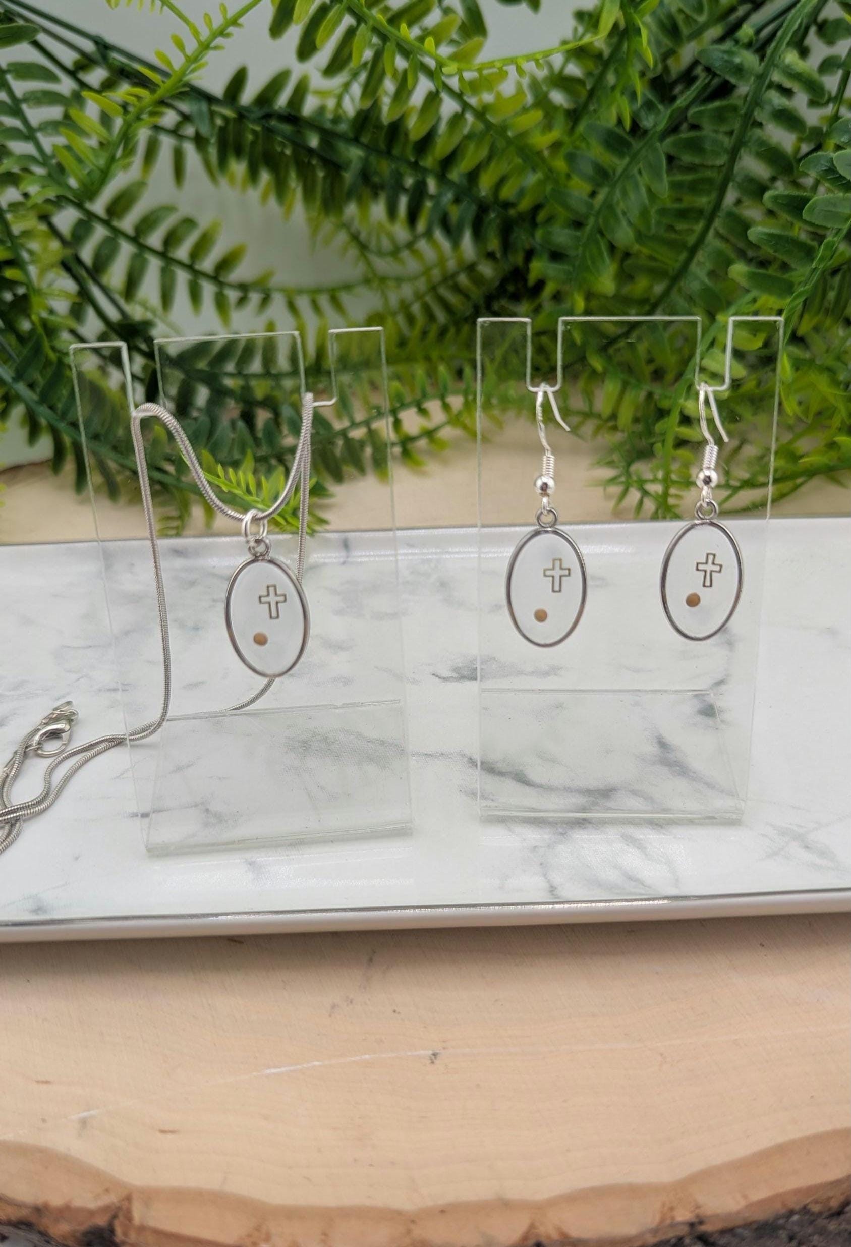 Floating Mustard Seed and Cross Necklace and Earring set