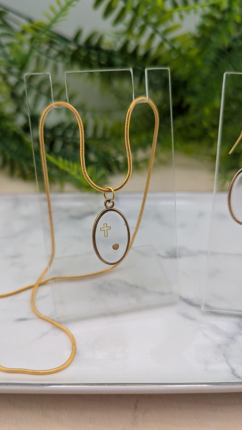 Floating Mustard Seed and Cross Necklace and Earring set