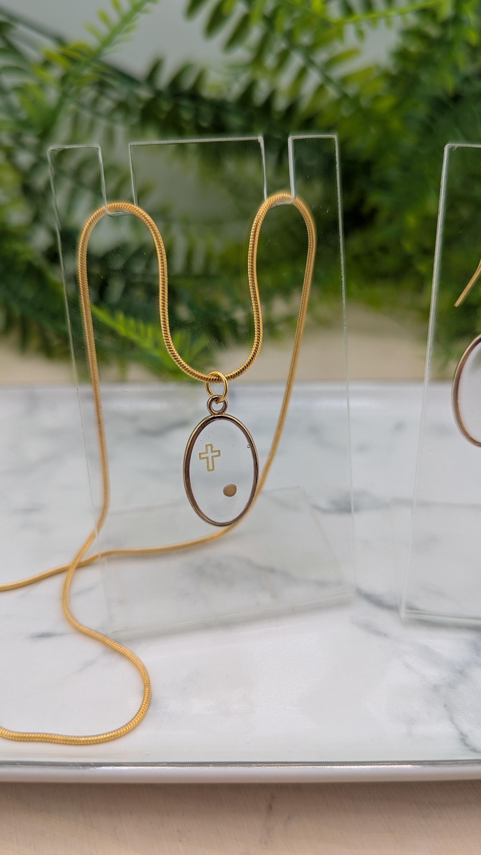 Floating Mustard Seed and Cross Necklace and Earring set