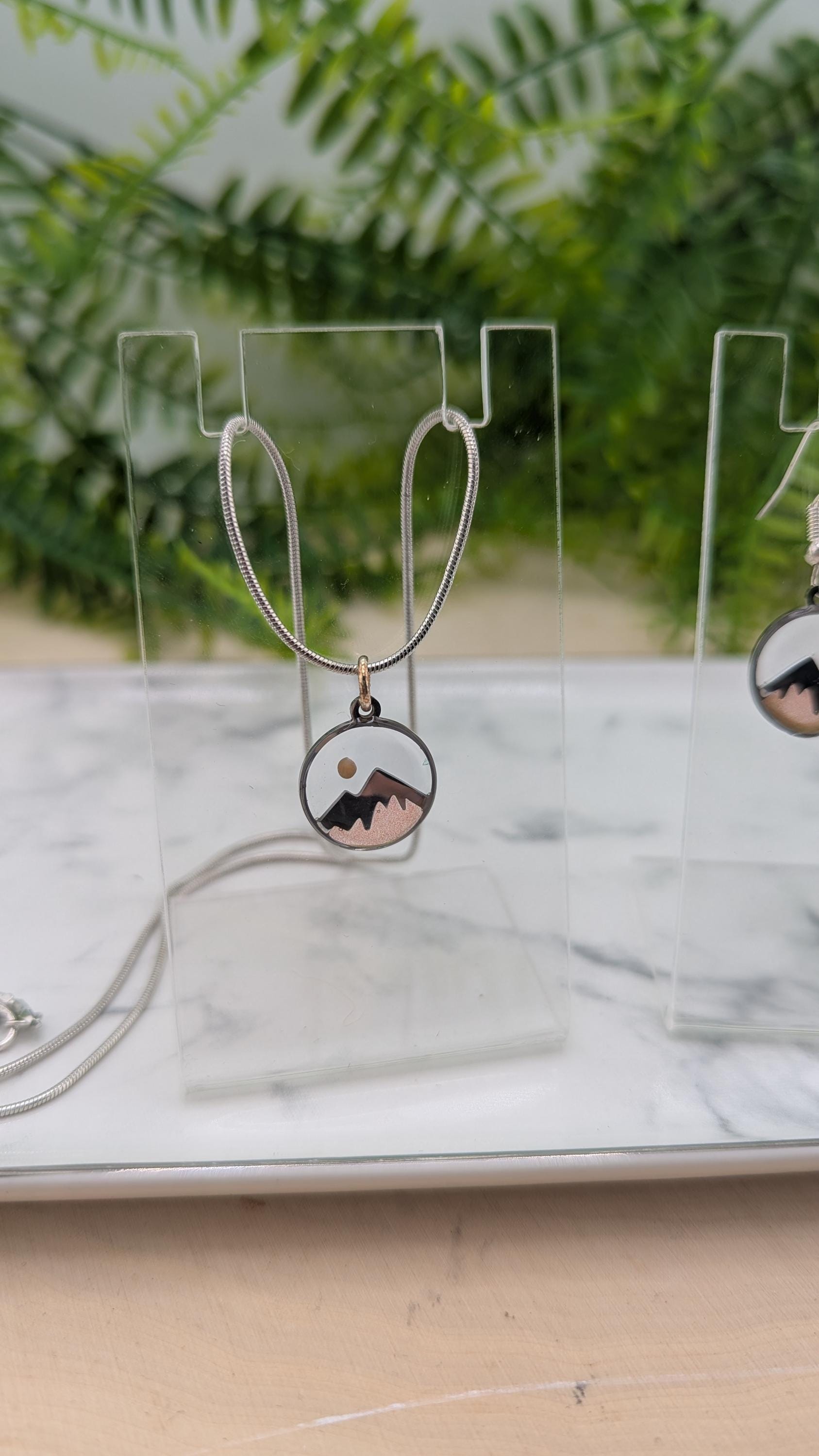 Mustard Seed Mountain Scene Necklace and Earring Set.
