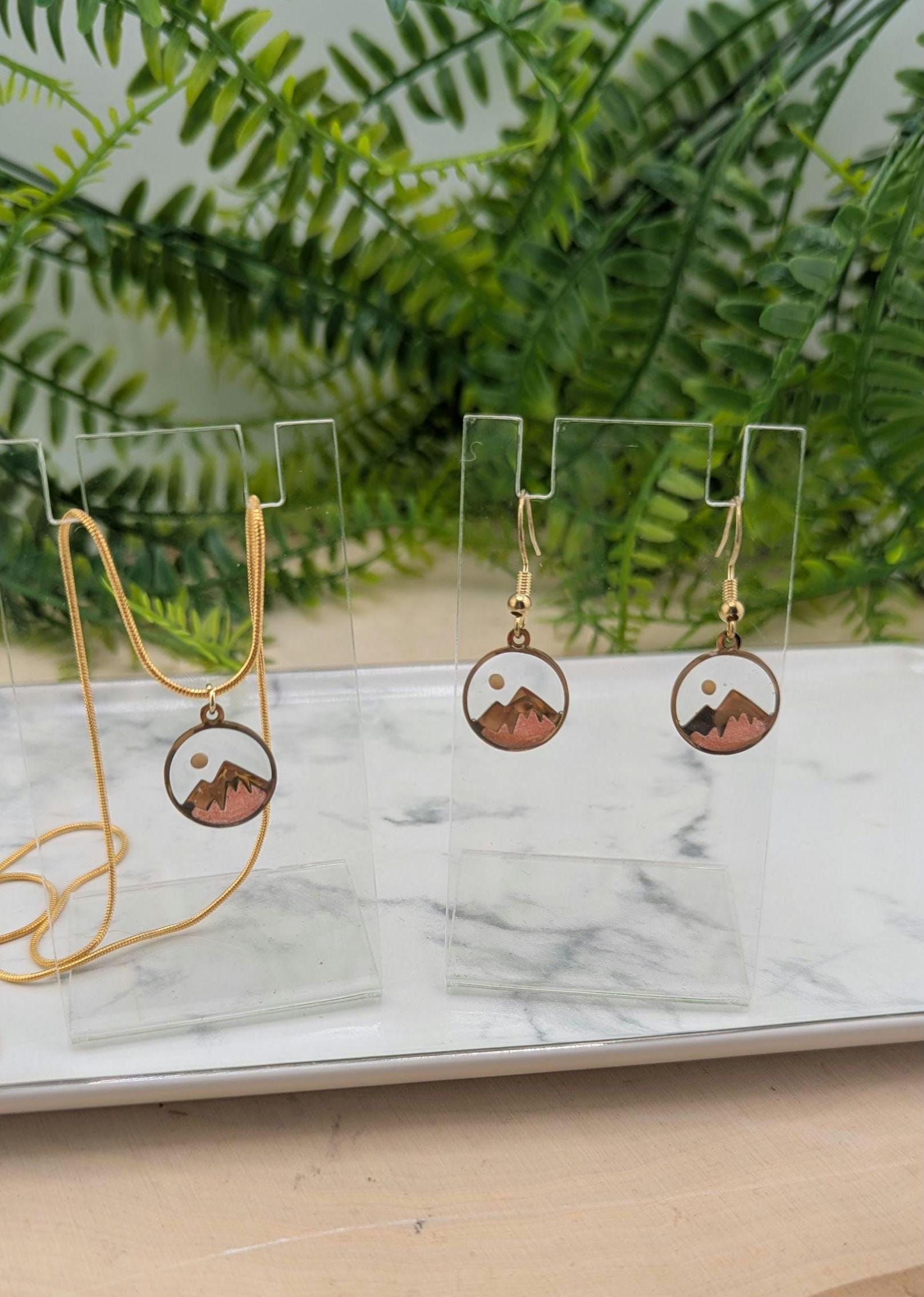 Mustard Seed Mountain Scene Necklace and Earring Set.
