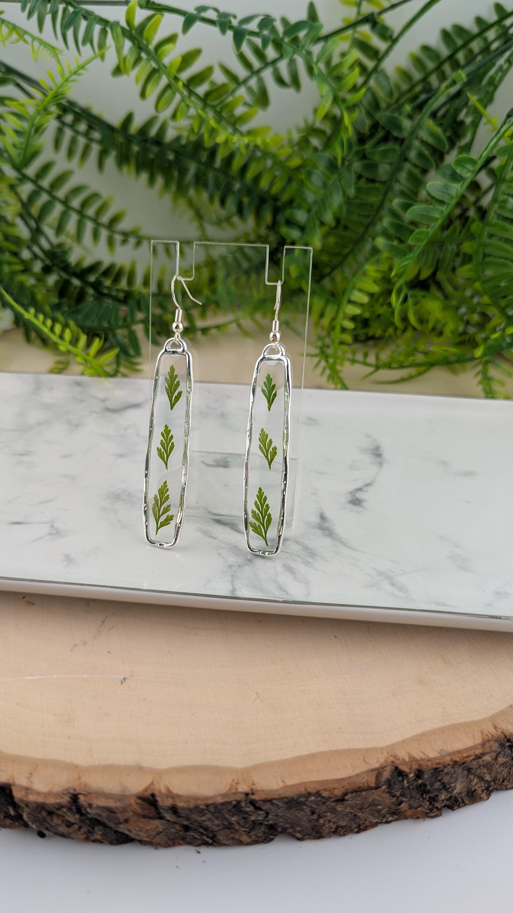 3 Fern Leaves Resin Earrings.