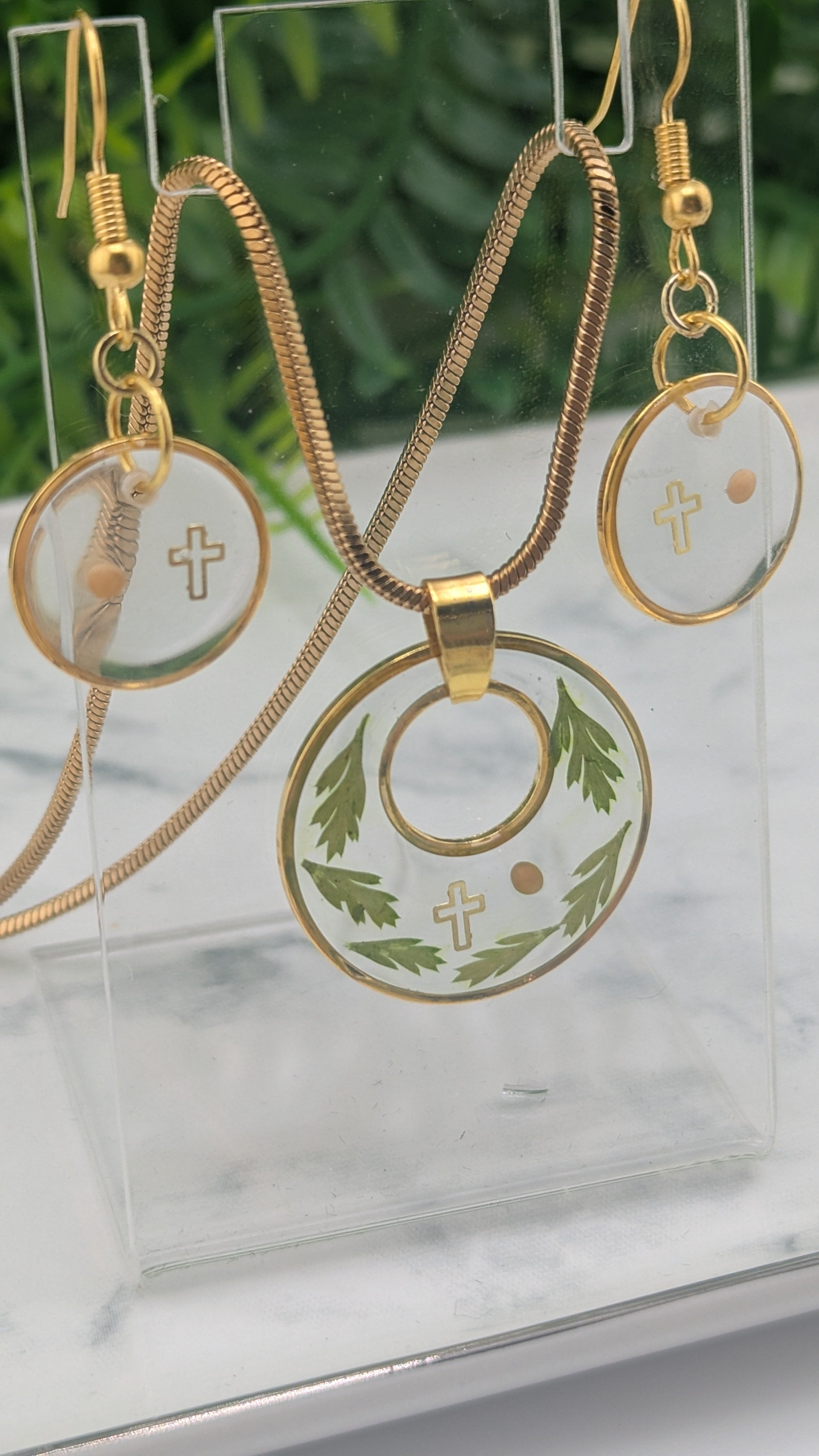 Mustard Seed, Cross and Fern leaf jewelry set