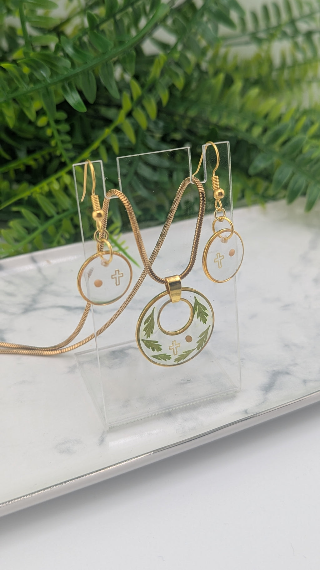 Mustard Seed, Cross and Fern leaf jewelry set