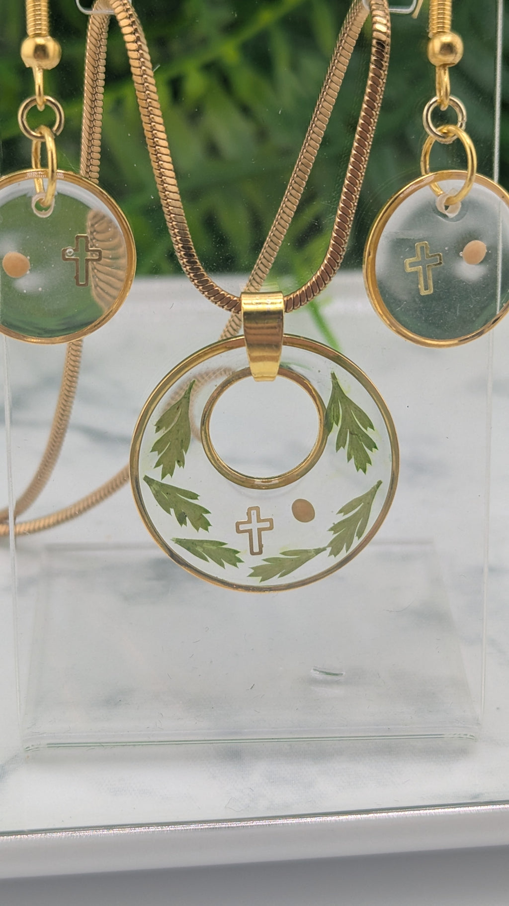 Mustard Seed, Cross and Fern leaf jewelry set