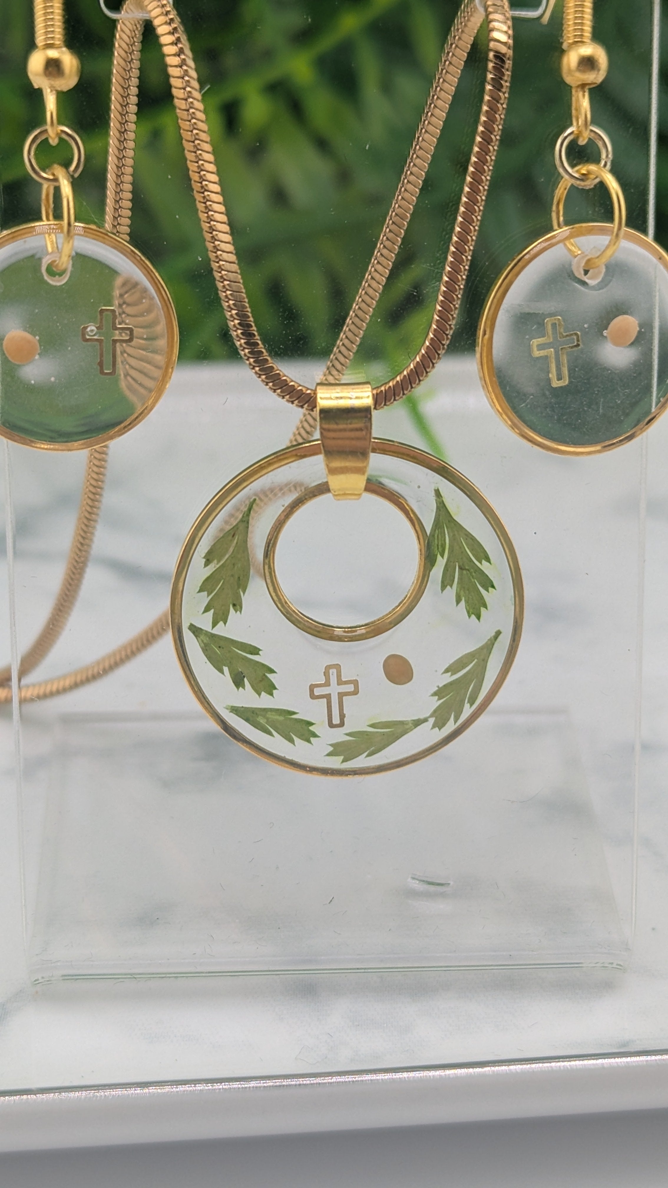 Mustard Seed, Cross and Fern leaf jewelry set