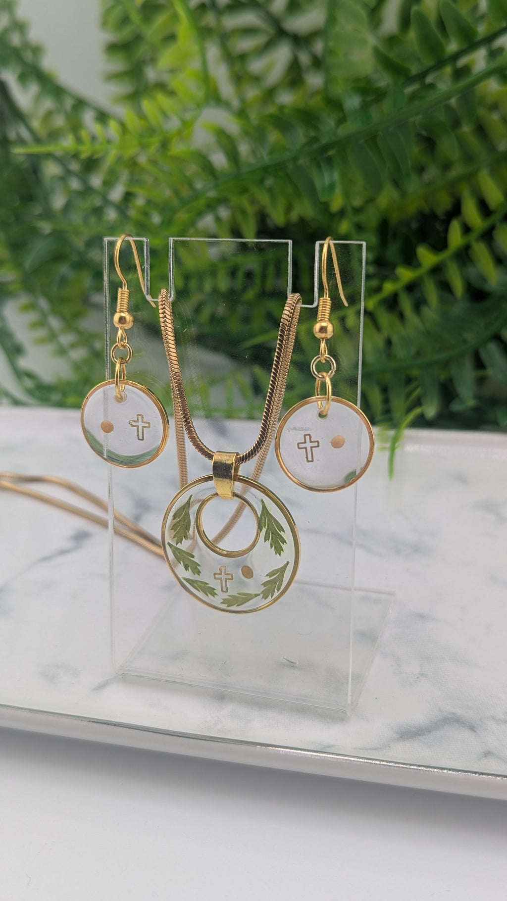 Mustard Seed, Cross and Fern leaf jewelry set