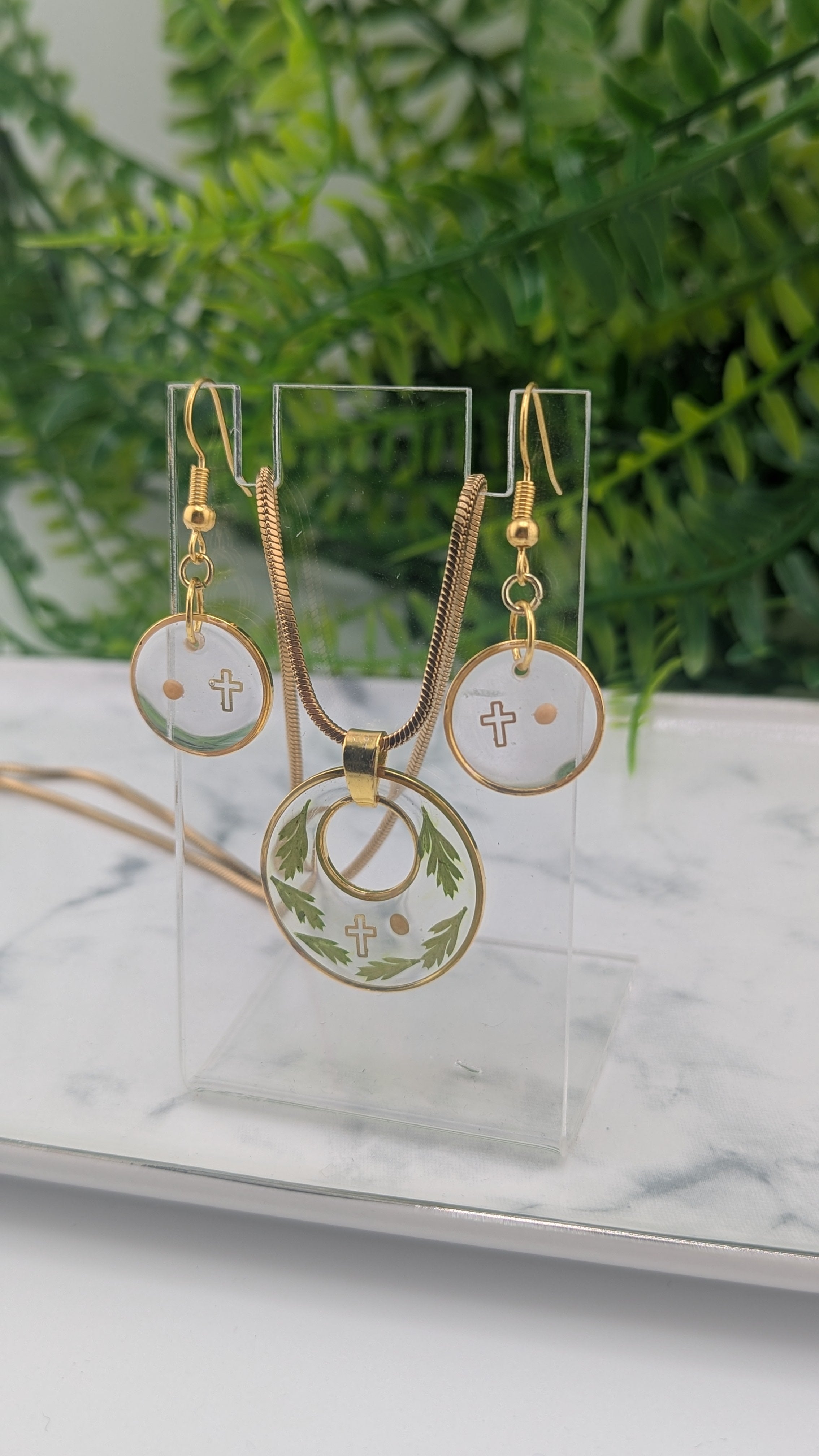 Mustard Seed, Cross and Fern leaf jewelry set